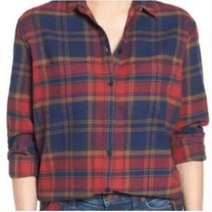 Madewell Navy and Red Oversized Boyfriend Shirt Long Sleeve Button Down Size XXS
